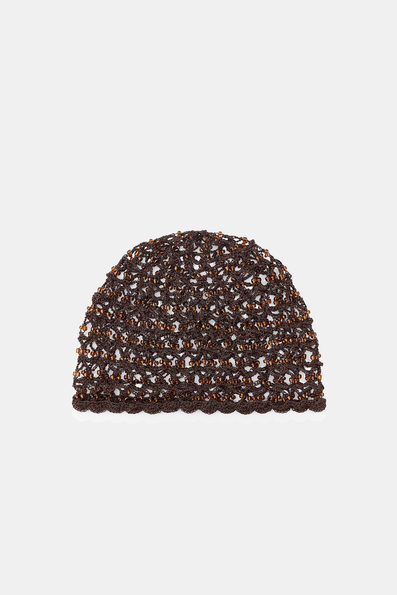 CROCHET BEADED CAP — Brown