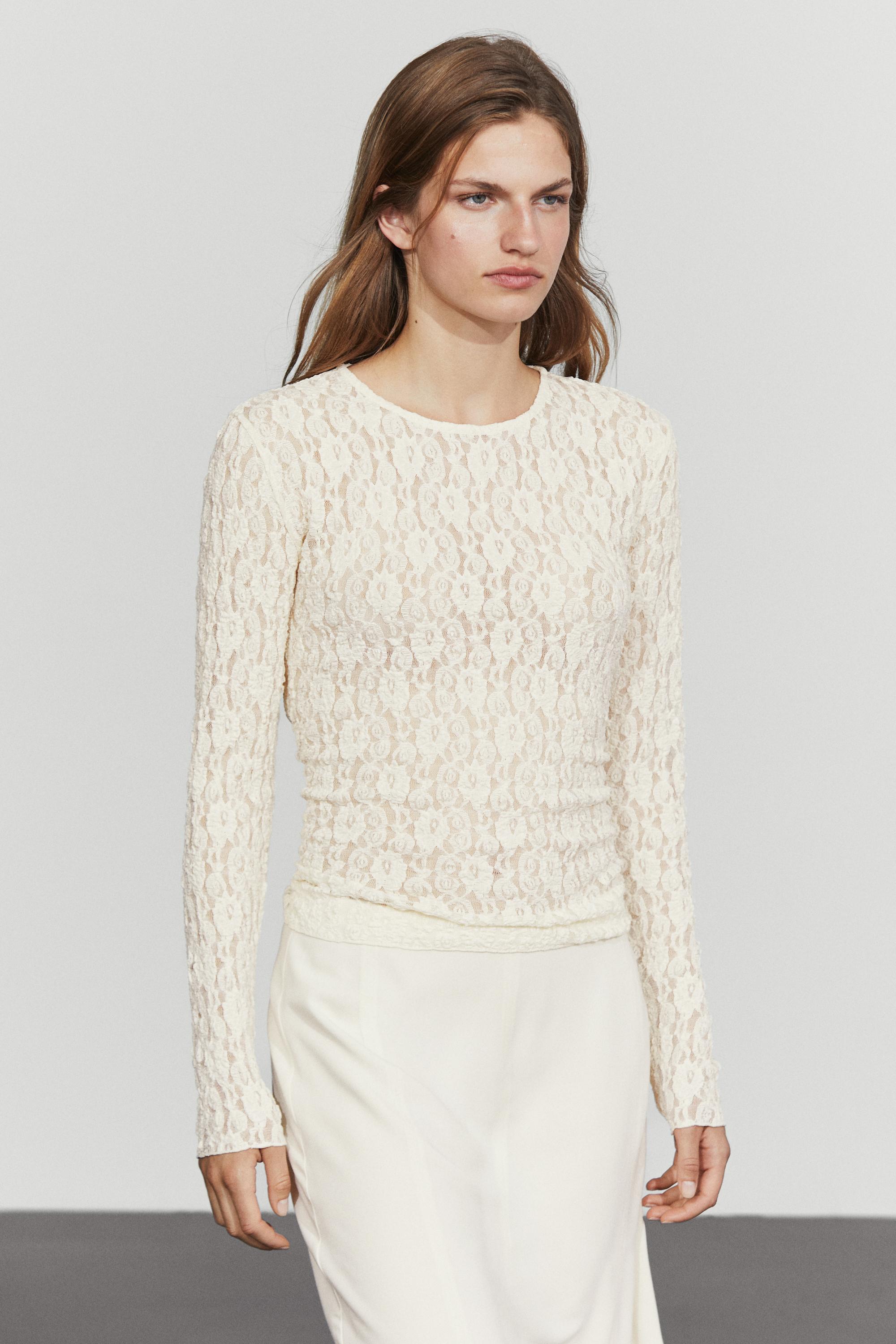 Long sleeve lace detail T-shirt — Ecru