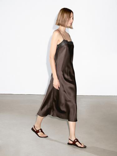 Zara Flowing midi dress with lace detail - Chocolate