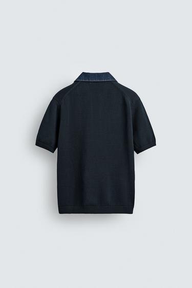 Zara COMBINATION DENIM COLLAR KNIT POLO - Dark navy
