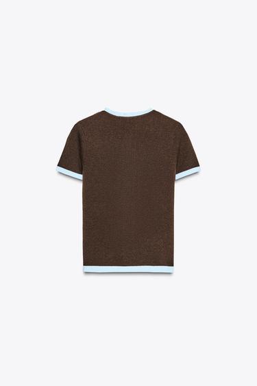 SHORT SLEEVE CONTRAST KNIT CARDIGAN - Brown by Zara - Image 5