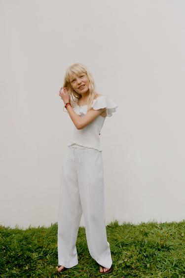 БРЮКИ ПРЯМОГО КРОЯ ИЗ СМЕСОВОГО ЛЬНА СО ШНУРКОМ — ЖЕЛТОВАТО-БЕЛЫЙ от Zara