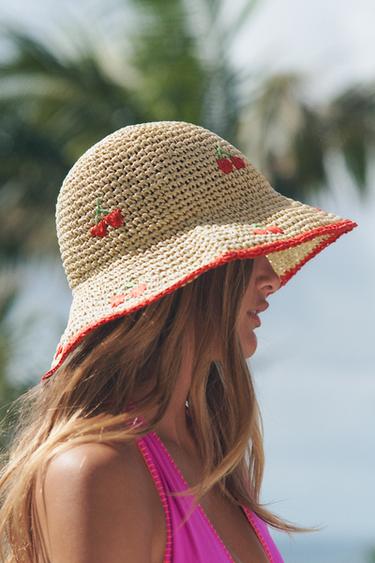 Zara BRAIDED CHERRY EMBROIDERED HAT - Light beige - Image 0