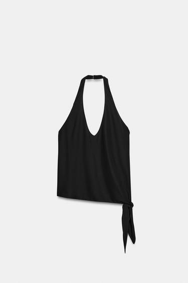Zara TIED HALTER TOP - Black