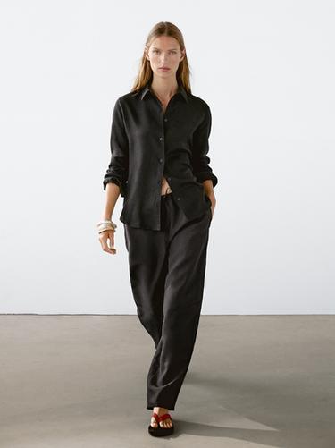 Zara Flowing linen blend barrel fit trousers - Black