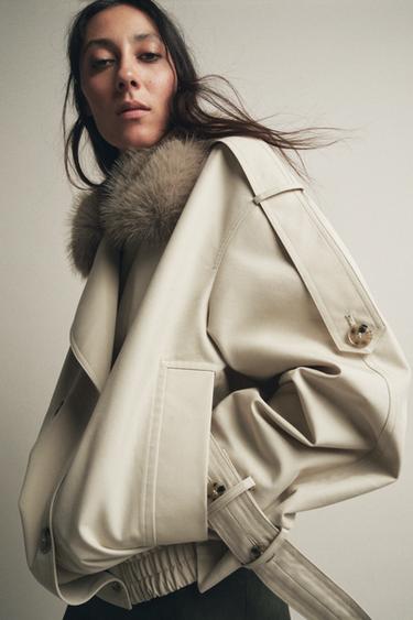 Zara ZW COLLECTION WATER REPELLENT SHORT TRENCH COAT - Ecru