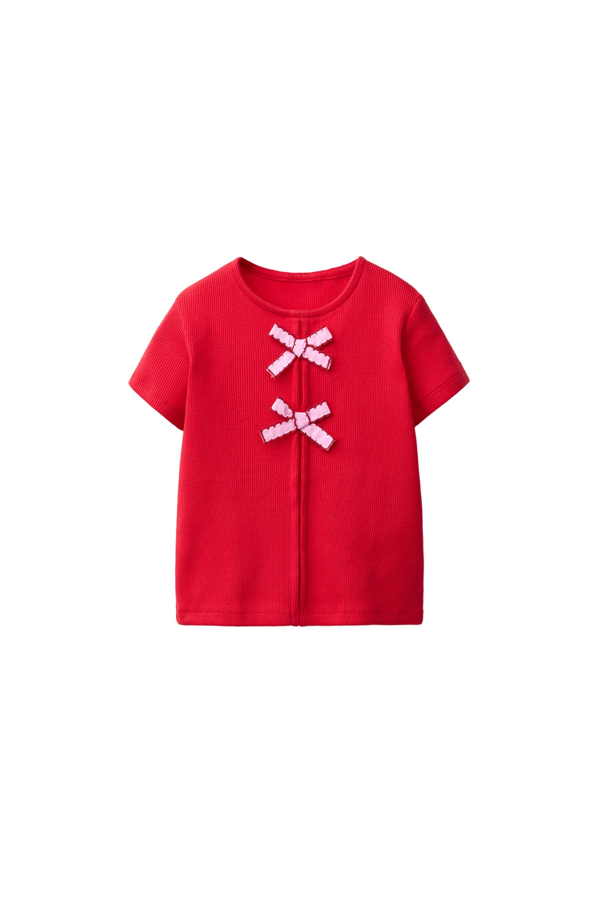 RIBBED T-SHIRT WITH BOWS — Red