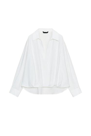 قميص كتاني بحافة سفلية منفوخة - أبيض الخاص بـ Zara
