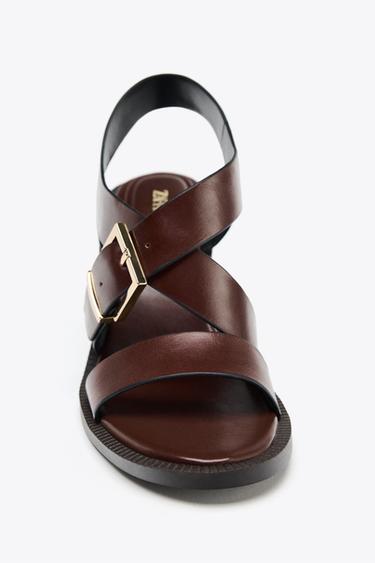 LEATHER BUCKLE HEEL SANDALS - Brown by Zara - Image 4