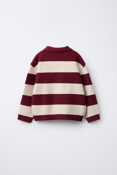 STRIPED KNITTED VARSITY POLO SHIRT - Ecru / Maroon by Zara - Image 1