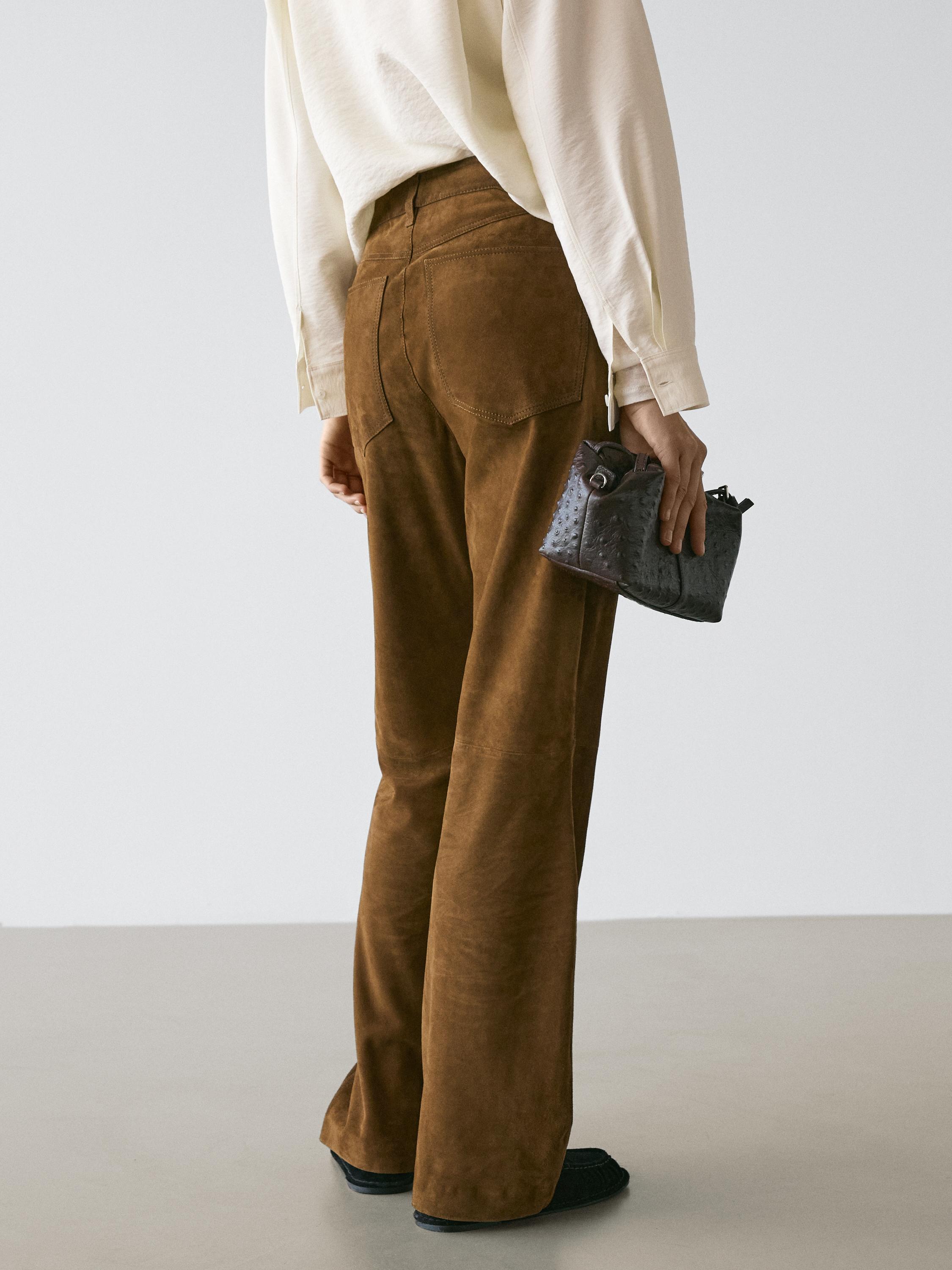 Suede leather straight trousers