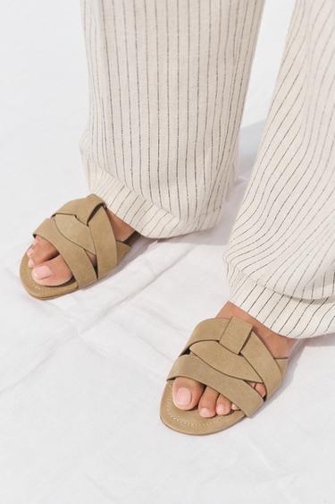 CROSSOVER SPLIT SUEDE FLAT SANDALS - Brown by Zara - Image 1