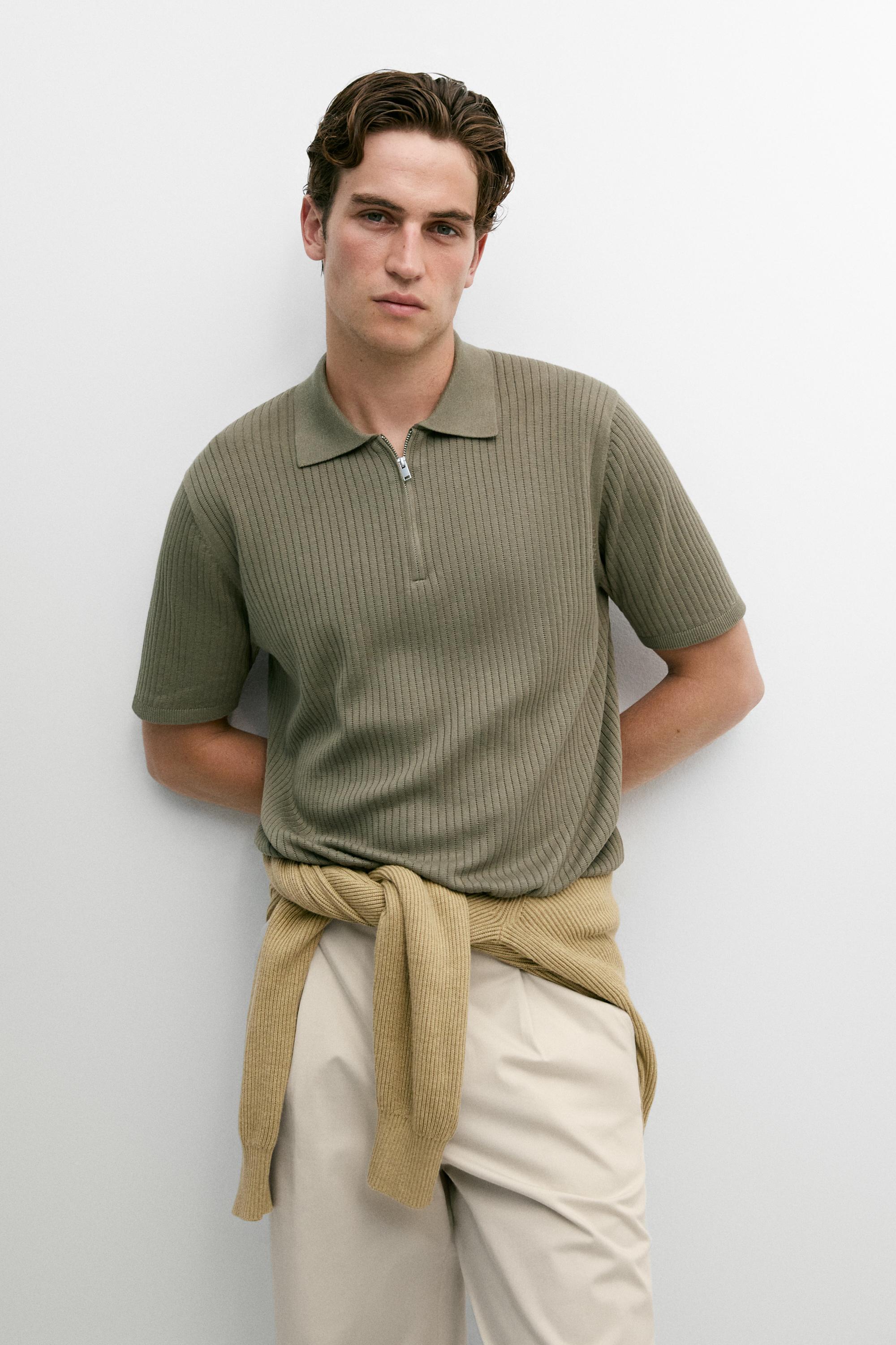 Cotton knit half-zip polo — Mid-green