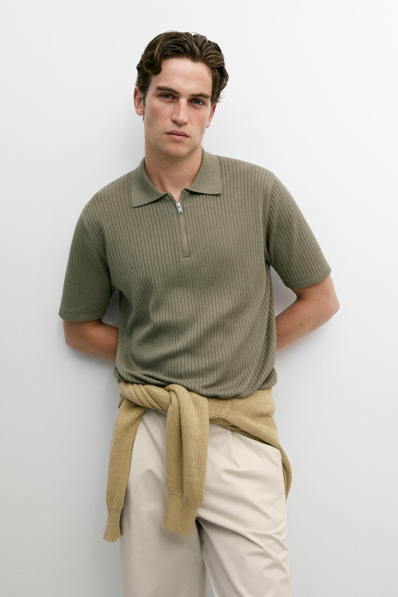 Cotton knit half-zip polo — Mid-green