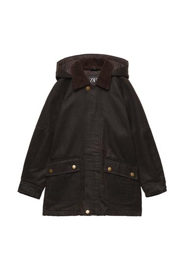 Front view of a brown coat with a hood, corduroy lapel, and front pockets with gold buttons.