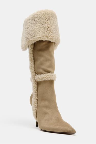 BOTTES À TALONS AVEC COMBINAISON DE MATIÈRES - Beige clair de Zara - Image 3