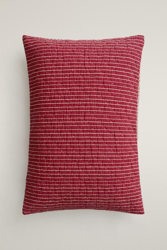 Zara FLORAL AND STRIPED THROW PILLOW COVER | KATHARINE POLE - Ecru / Red - Image 0