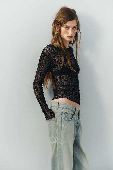 LACE LONG SLEEVE TOP - Black by Zara