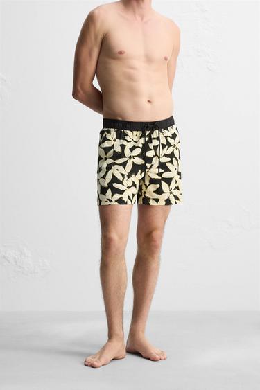 LONG FLORAL PRINT SWIMMING TRUNKS - Black by Zara - Image 1