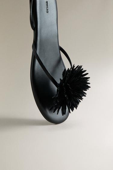 LEATHER SANDALS WITH FLOWER DETAIL - Black by Zara - Image 4