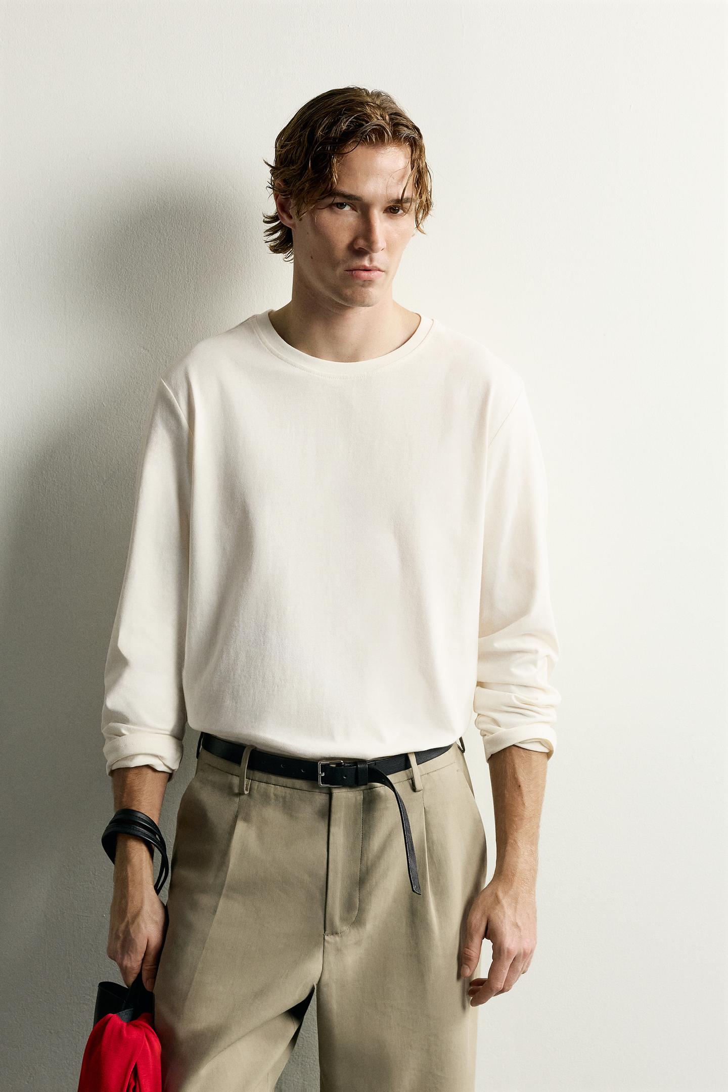 Мужская футболка Zara Relaxed Fit Elbow Patch, цвет: Устричный белый — фото 2