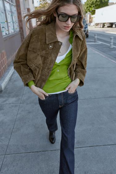 КУРТКА-БОМБЕР З 100% ШКІРИ - Хакі Zara