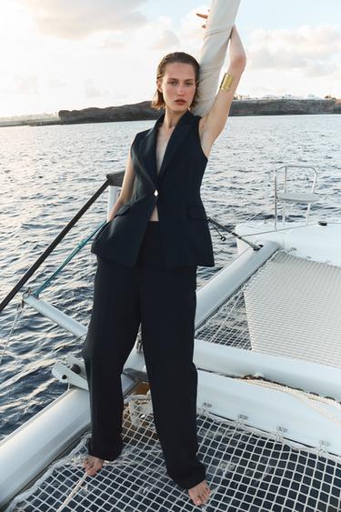STRAIGHT-LEG LINEN BLEND TROUSERS - Navy blue by Zara - Image 1