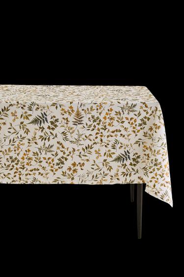 Zara RESIN-COATED COTTON TABLECLOTH WITH LEAVES - Green - Image 0