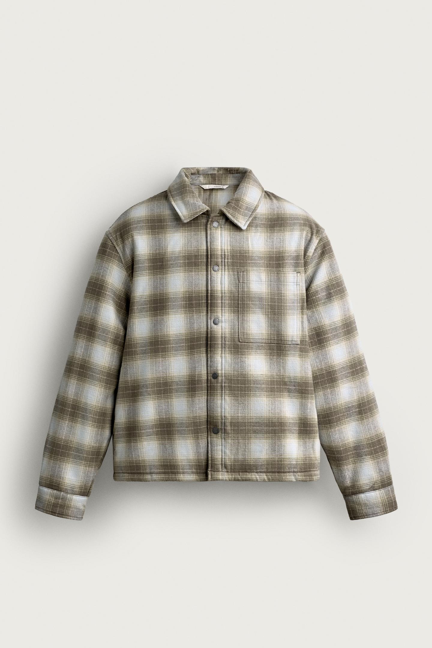 Мужская рубашка Zara Plaid Sherpa-Lined Overshirt, цвет: Серый / Рыжевато-коричневый — фото 6