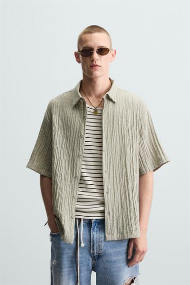 CAMISA JACQUARD EFECTO ARRUGADO - Verde claro de Zara