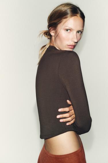 T-SHIRT ALGODÃO MODAL COM FRANZIDOS - Castanho da Zara