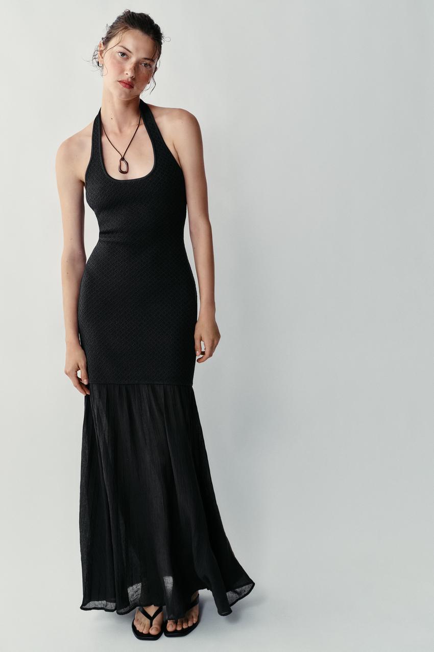 zara flowy halter dress Woman Lace Eyelet Midi White Sheer Boho Small Back Zip Open back FLOWY HALTER DRESS - Black