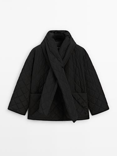 Zara Quilted jacket with scarf detail - Black - Image 0