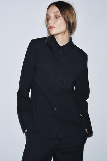 قميص صوف 100% ZW COLLECTION - بحري داكن الخاص بـ Zara