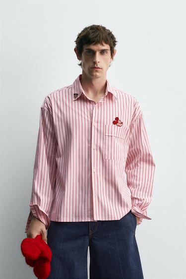 Zara MICKEY MOUSE PATCH STRIPED SHIRT HARRY LAMBERT FOR ZARA X DISNEY - Pink