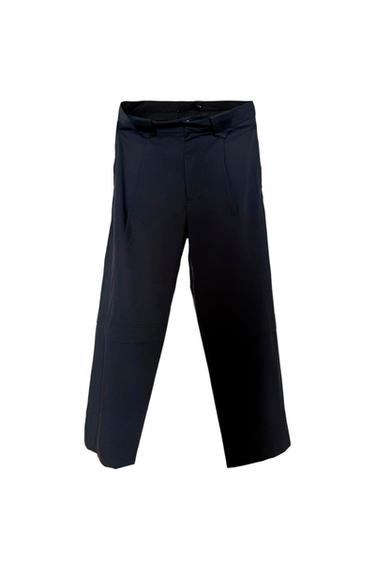 Dark, wide-leg trousers with front pleats and horizontal stitching at the knees, on a white background.