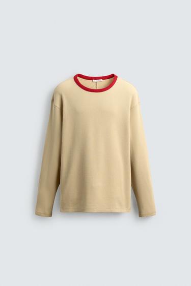 CONTRAST CHECKERED WAFFLE-KNIT T-SHIRT - camel by Zara - Image 6