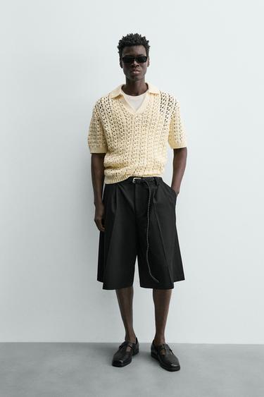 Zara WIDE FIT PLEATED SHORTS - Black