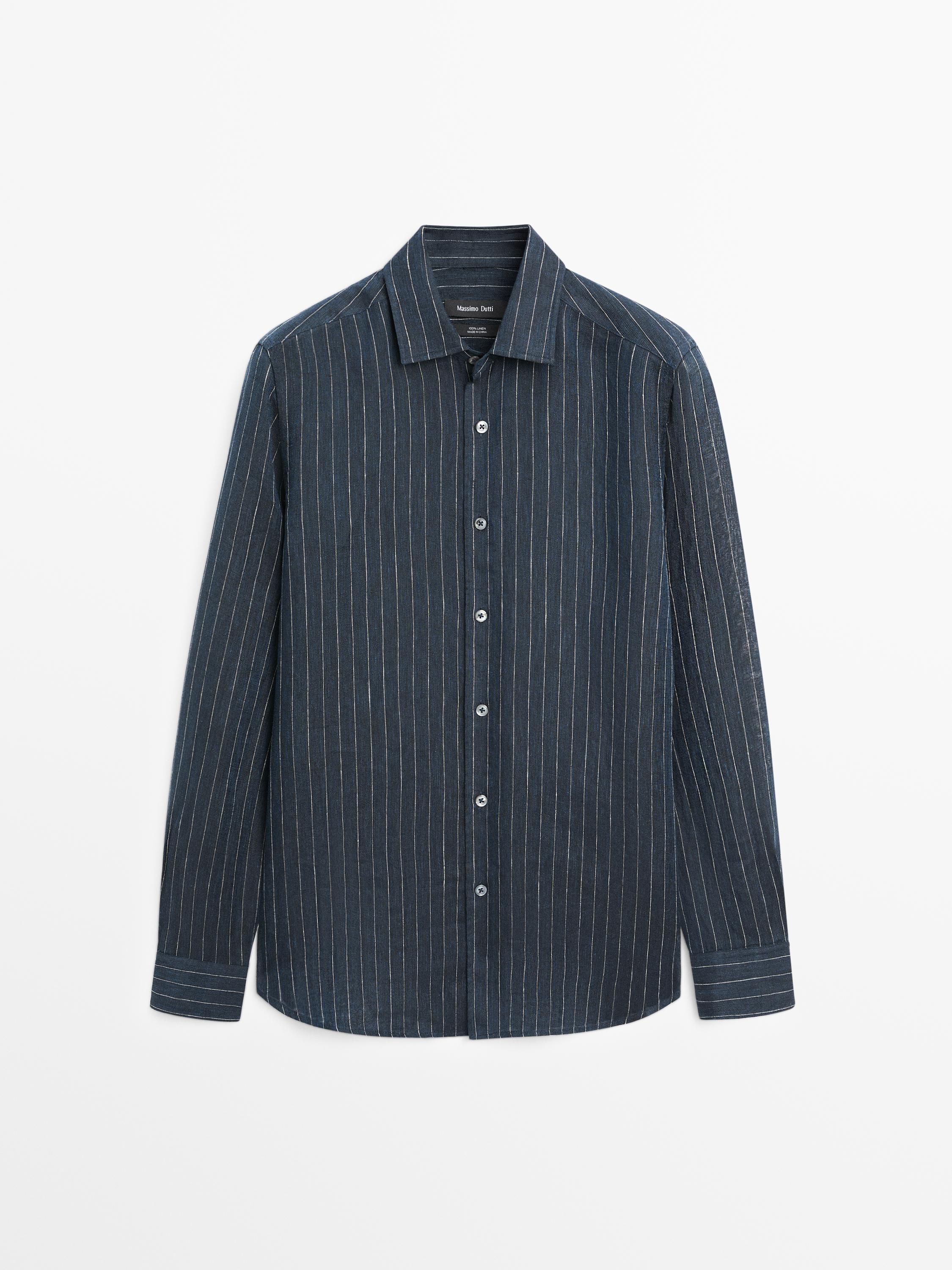 Regular fit striped linen shirt — Navy blue