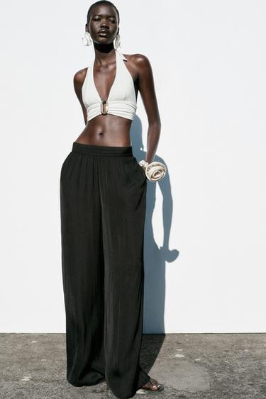 Zara FLOWY WIDE LEG PANTS - Black