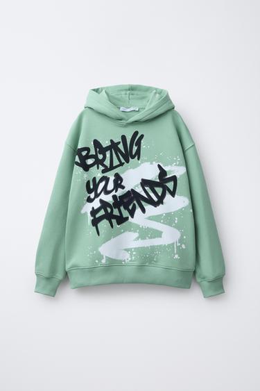 Zara GRAFFITI HOODED SWEATSHIRT - Green