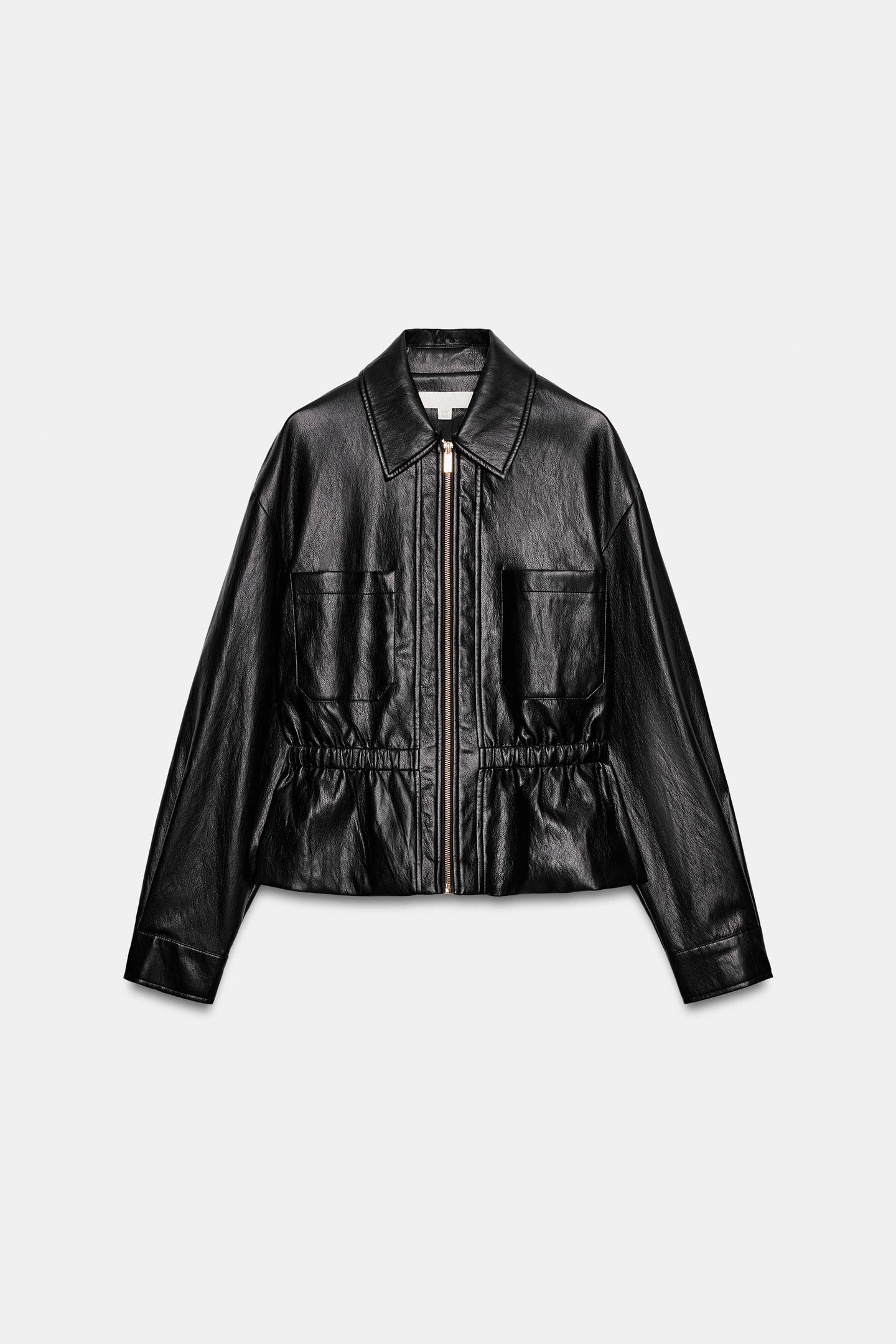 Женская куртка Zara Faux Leather Jacket with Elasticized Waist, цвет: Чёрный — фото 6