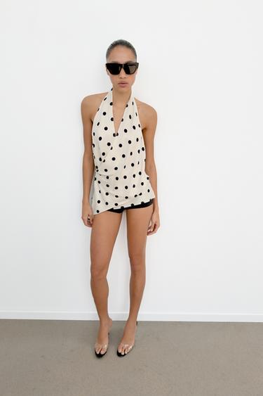Zara POLKA DOT SATIN EFFECT HALTER TOP - Black / White