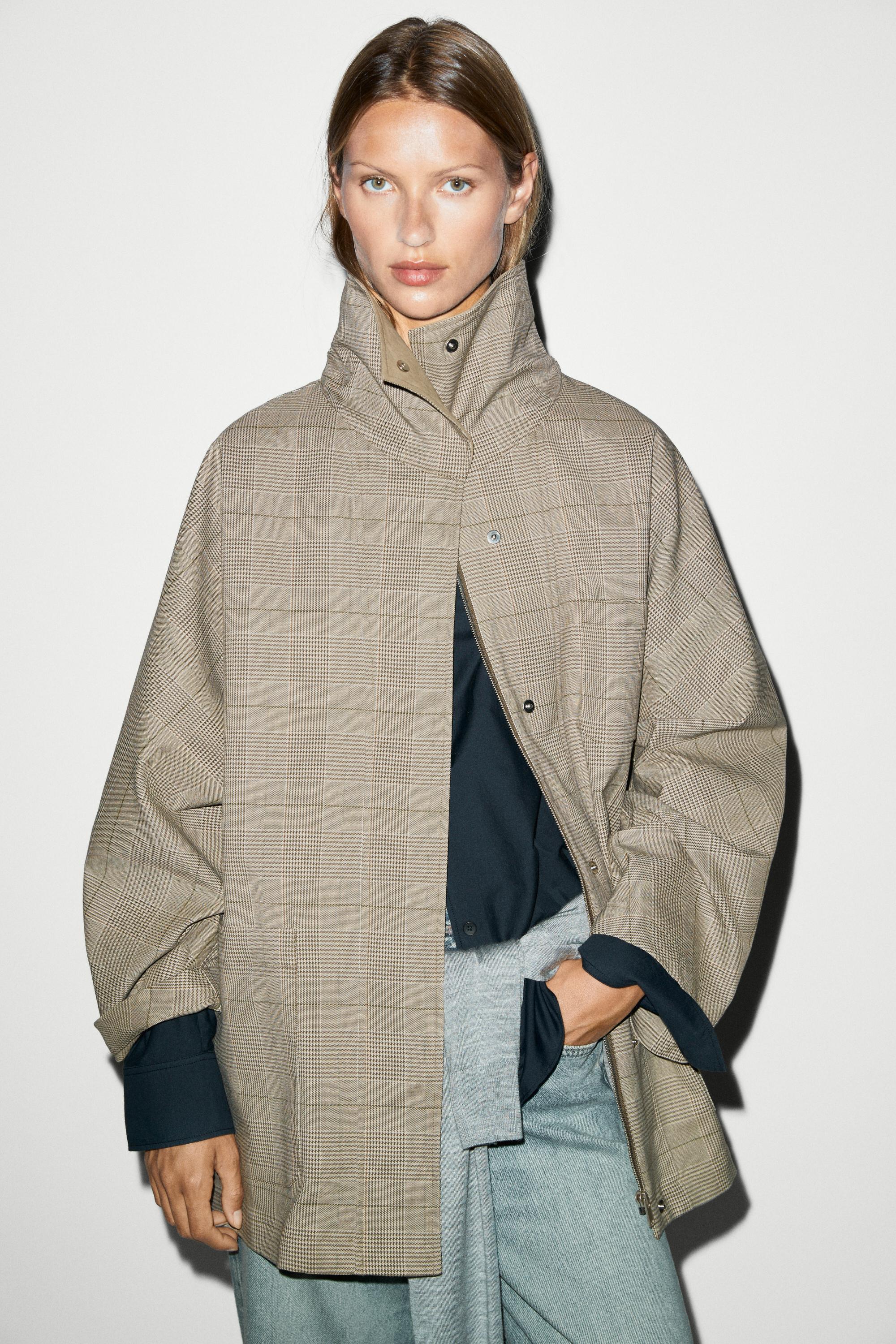 Cotton blend plaid high neck jacket