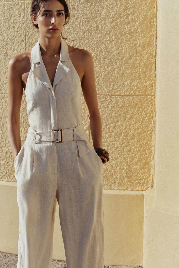 COMBINAISON HALTER CEINTURE AVEC LIN Sable ZARA France