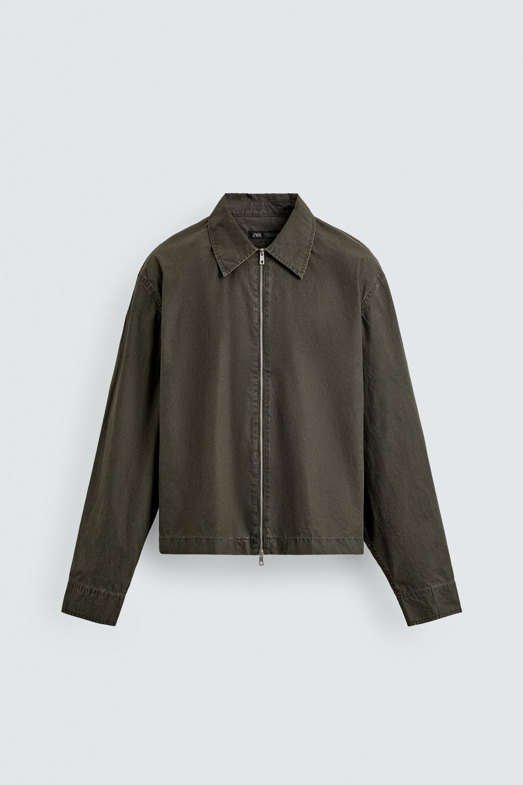 クロップドフィットジップシャツジャケット - ダークカーキ | ZARA