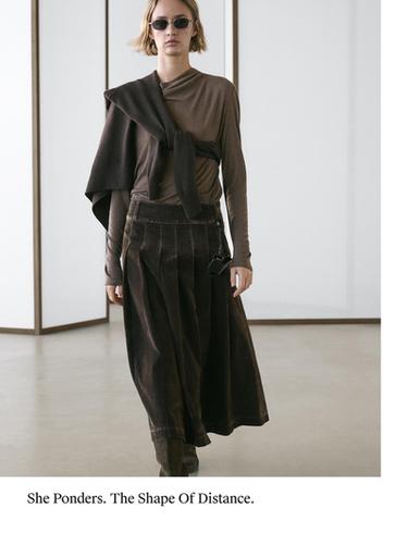 Zara Flocked denim midi skirt with box pleats - Khaki