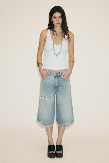 Zara RIPPED TRF BAGGY DENIM JORTS - Blue - Image 0