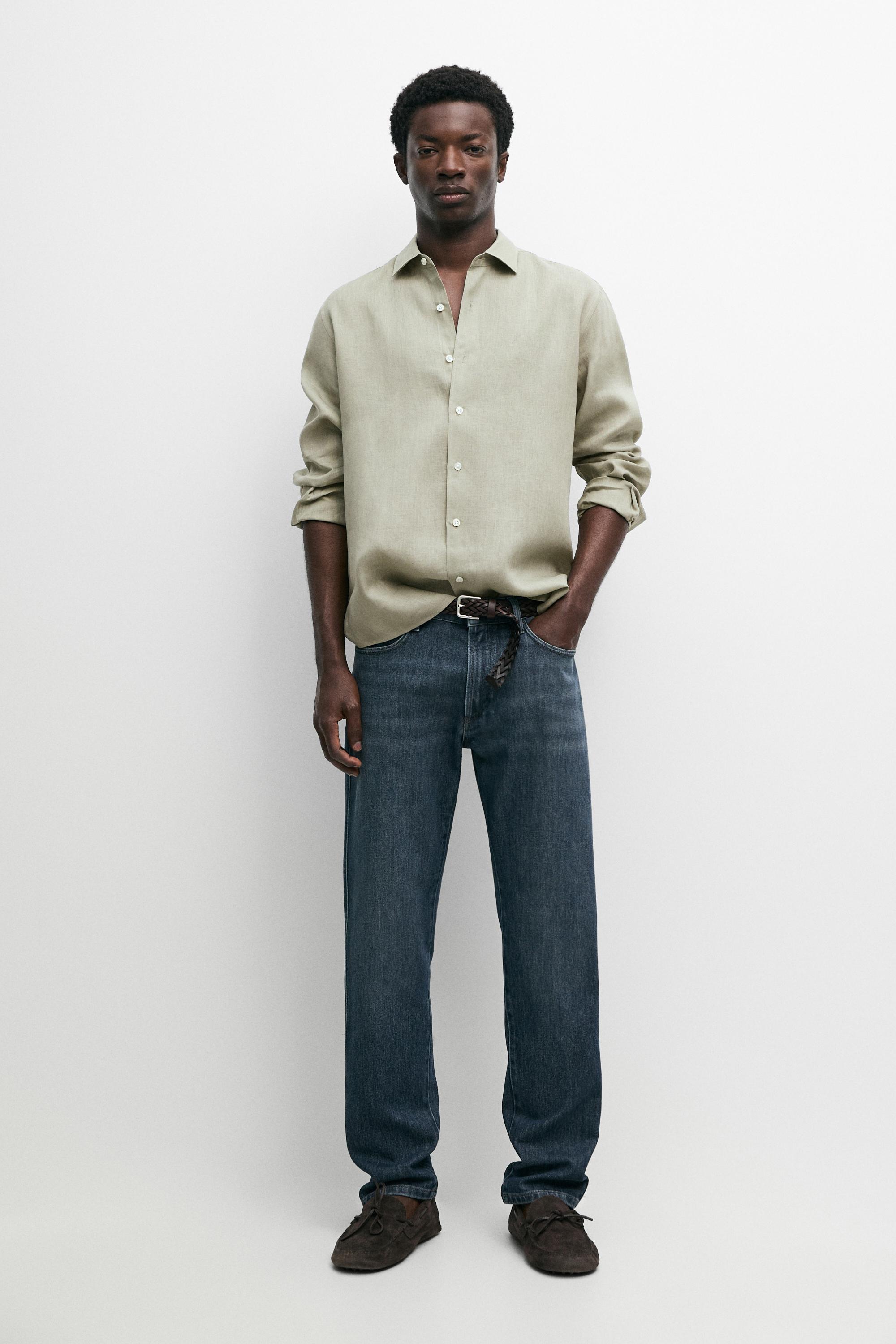 Regular fit 100% extra-fine linen shirt - Mid-green | ZARA United