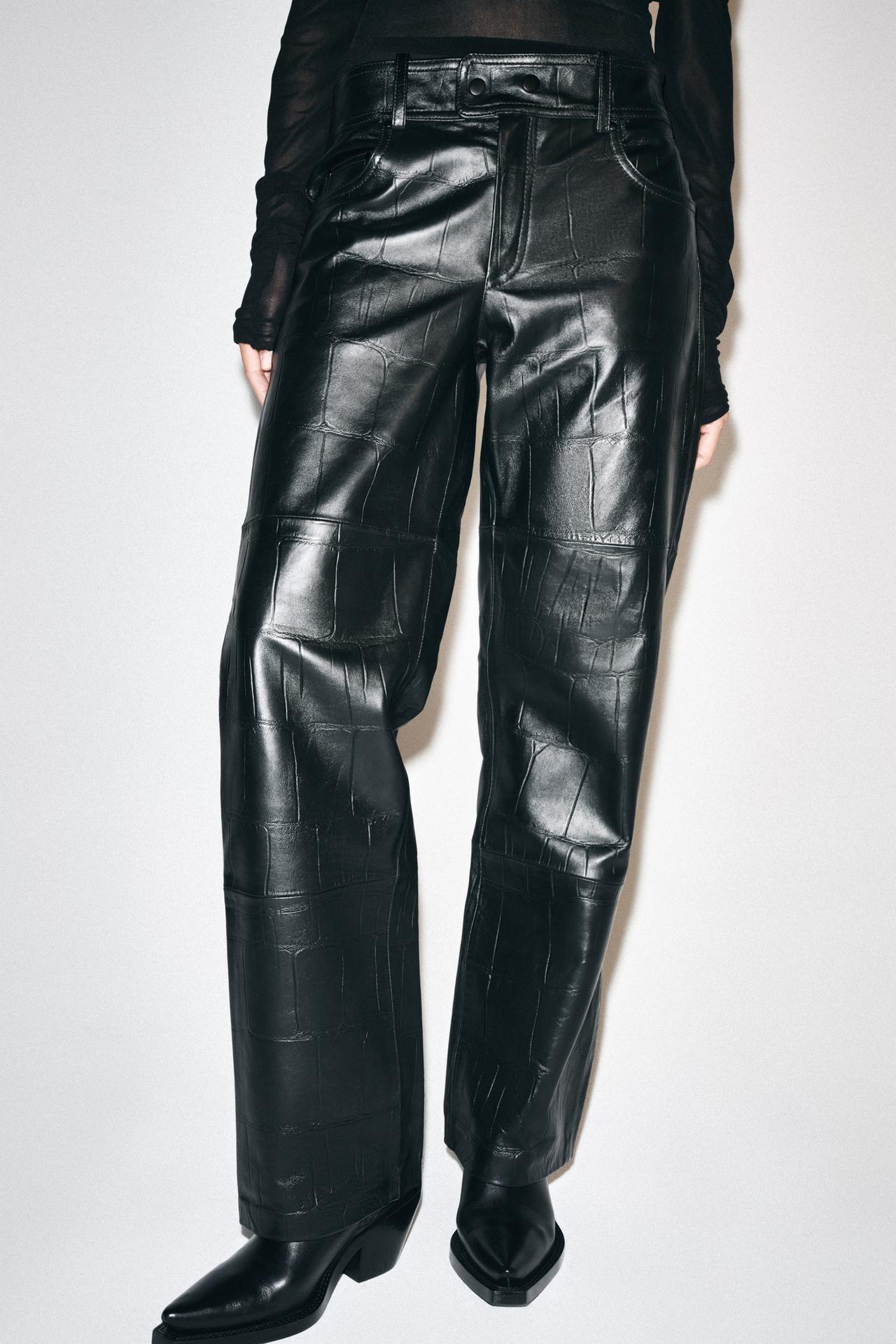 100% LEATHER STRAIGHT PANTS ZW COLLECTION — Black